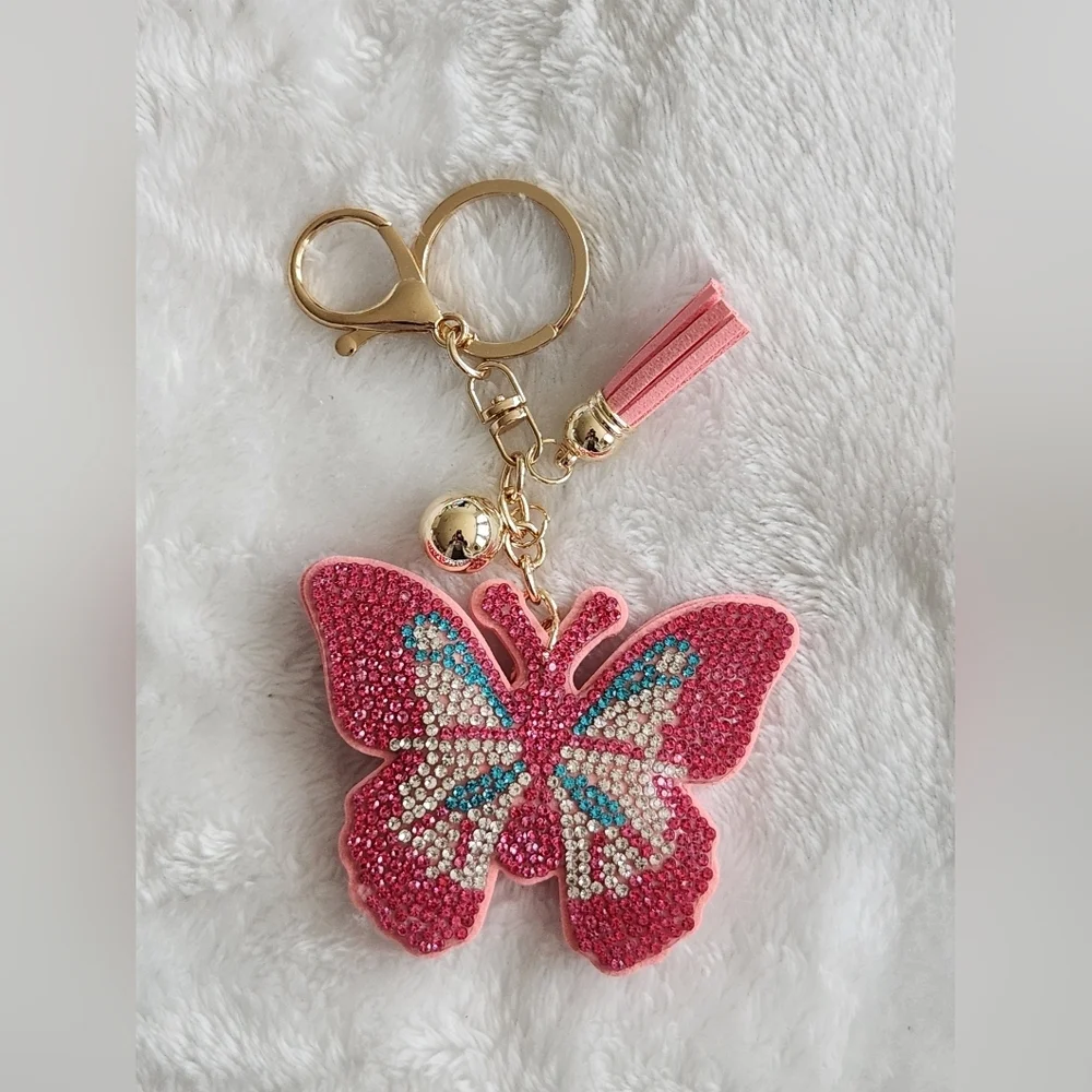 Pink Butterfly Keychain Beautiful Rhinestone Bag Charm